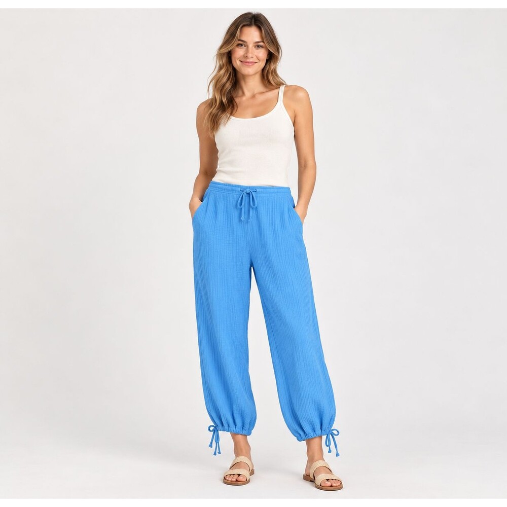 Lagenlook Art-to-Wear Blue Crinkle Drawstring Jogger Pants Bryn Walker XXS